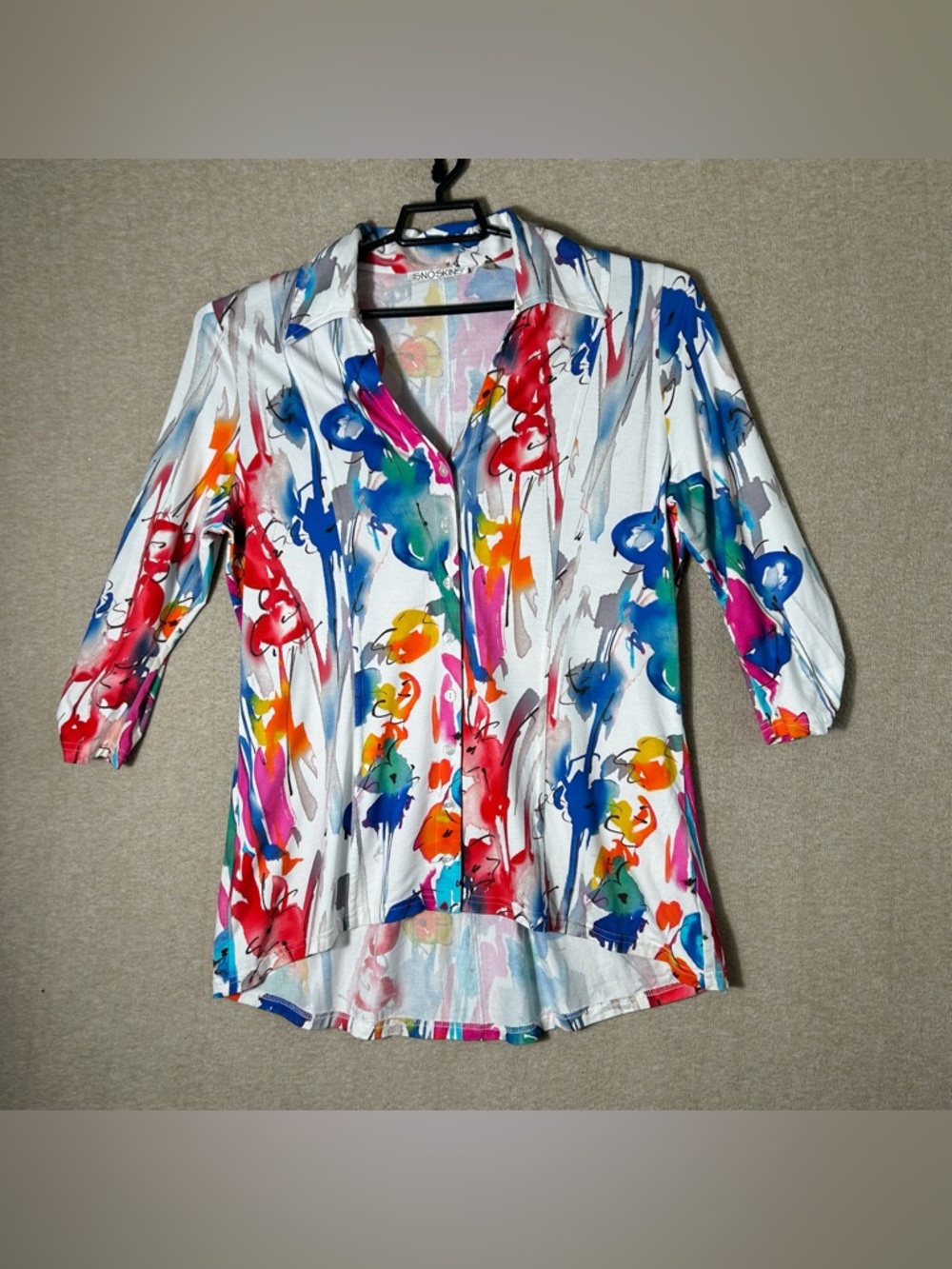 SNOSKINS Shirt Womens XL 3/4 Ruched Sleeves Colorful Watercolor Floral Tunic - Picture 11 of 12